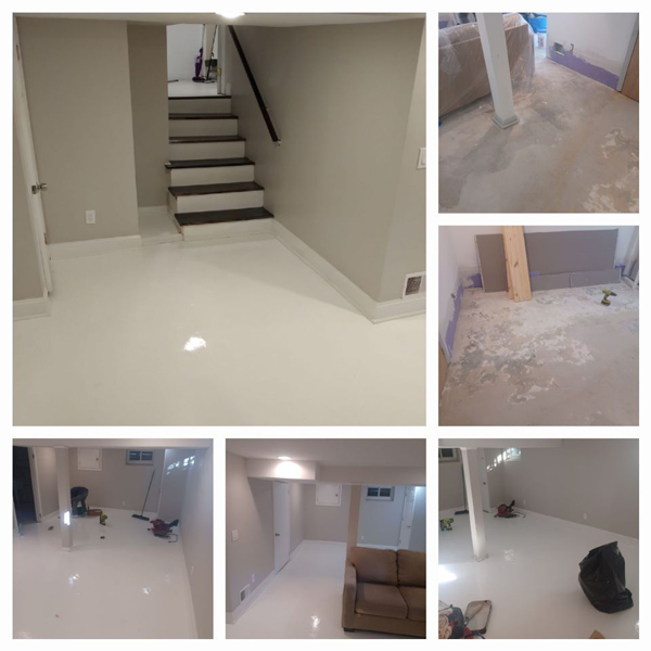 Four images depicting the steps of basement cleaning, including organizing, sweeping, mopping, and decluttering.