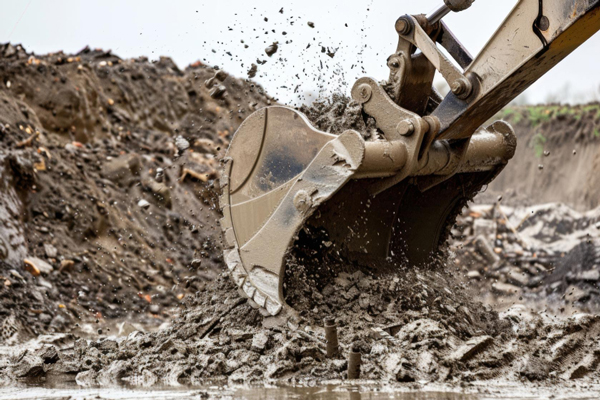 A large excavator digging dirt in a muddy area.