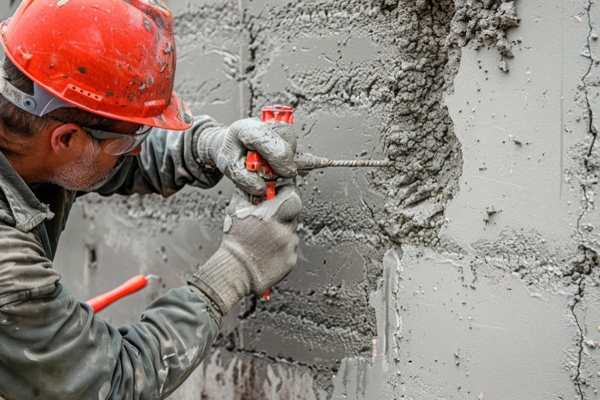 A man in a hard hat hammering a wall to construct it.