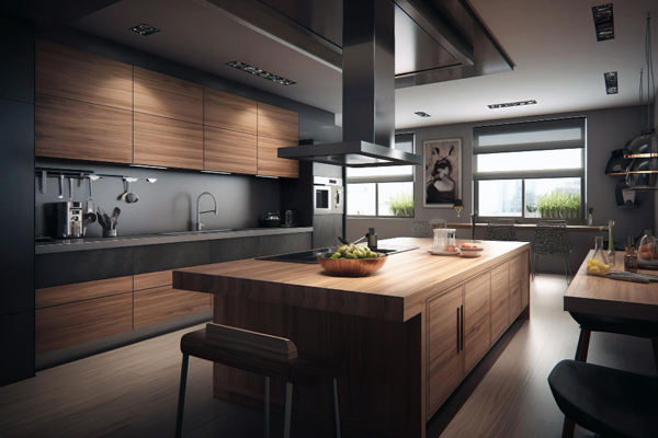 A modern kitchen with wooden counter tops and a large island.