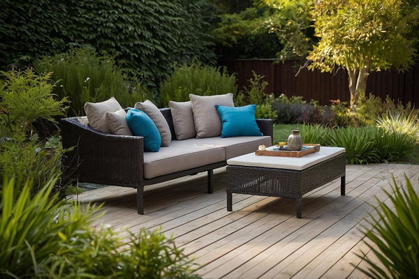 Outdoor patio with wicker sofa and coffee table.