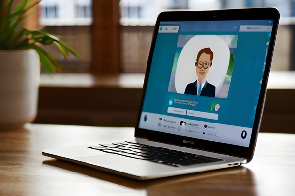 A person using Zoom on a laptop for a business meeting, with a virtual background of a professional office setting.